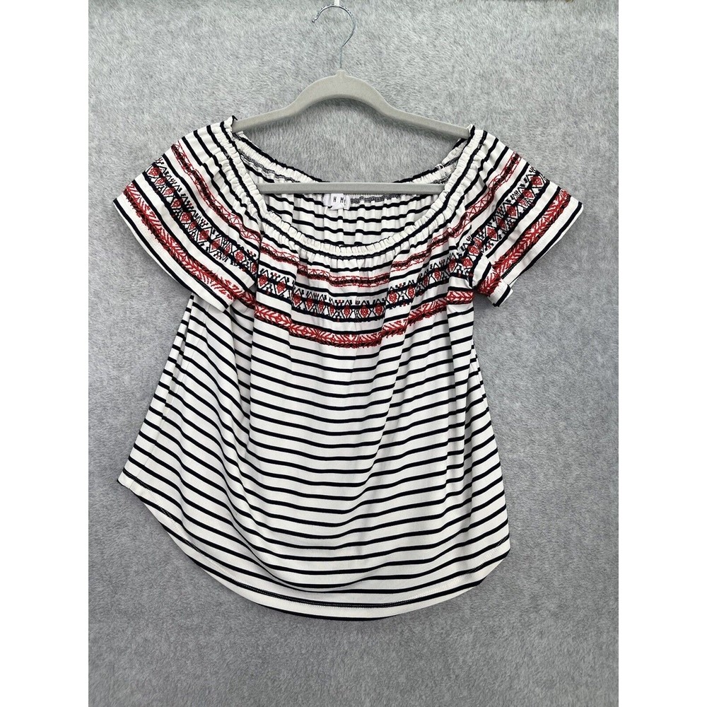 HML Women's Off Shoulder Blouse Striped Short Sleeve Size Medium Embroidered